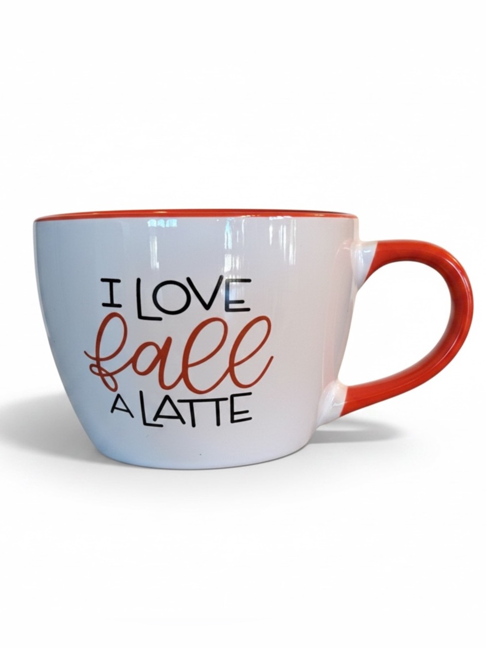 “I Love Fall A Latte” Ceramic Mug — Orange & White, New